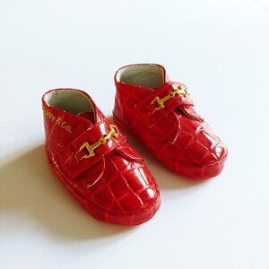 Baby Mickey and Co Red Faux Leather Logo Dress Shoes with Gold Details Size 2M